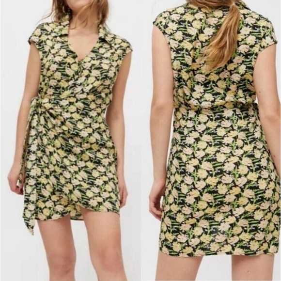 Urban Outfitters Dresses & Skirts - Urban Outfitters LARGE Floral Wrap Mini Dress YELLOW Tie Waist